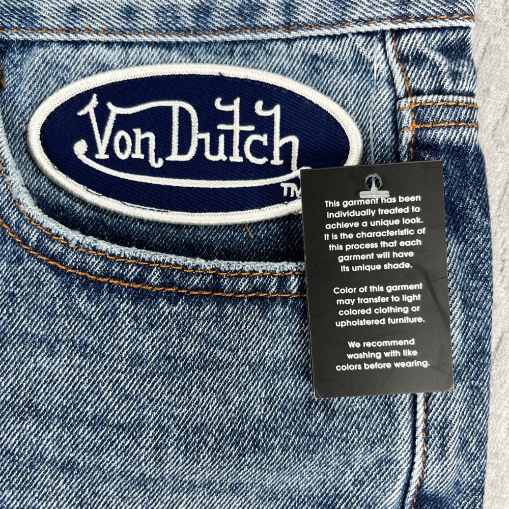 New Von Dutch Denim Shorts Men 34 Blue Originals Logo Patch Baggy Y2K Streetwear - Picture 8 of 14